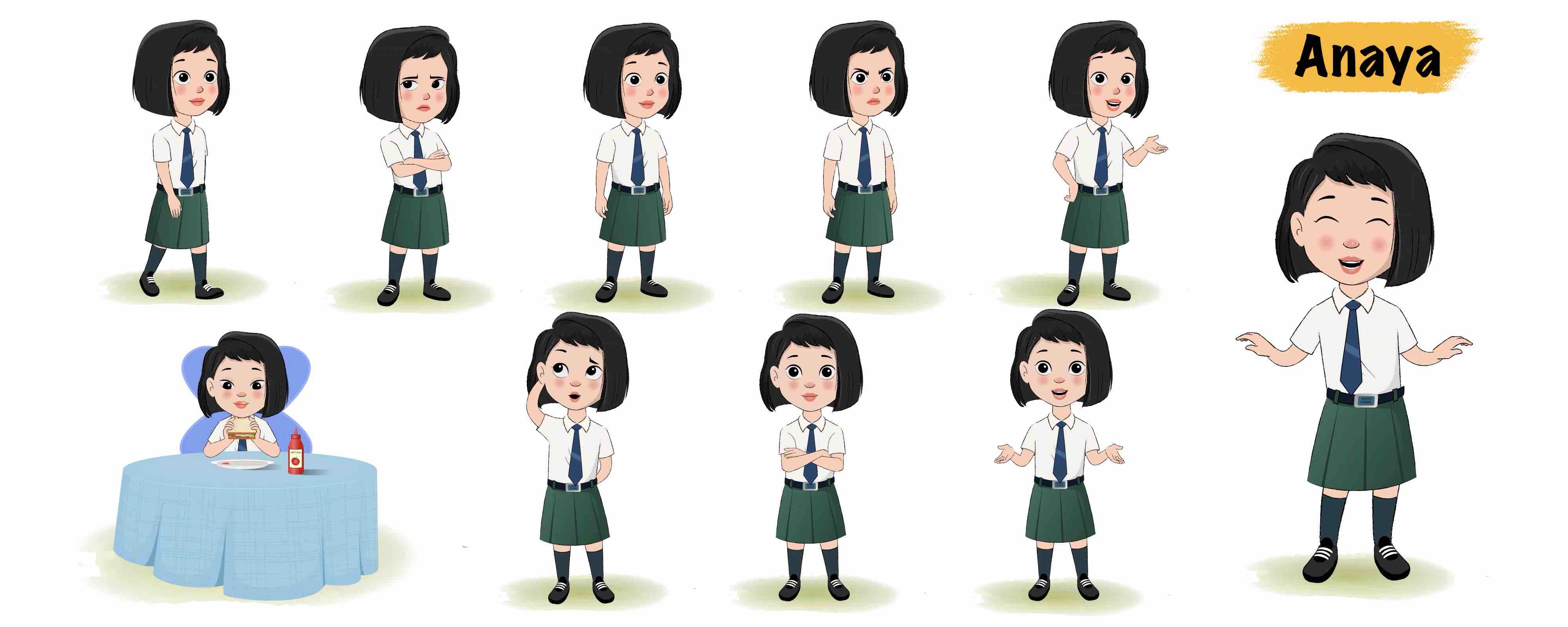 School girl animated vector cartoon character model sheet AKA Anaya