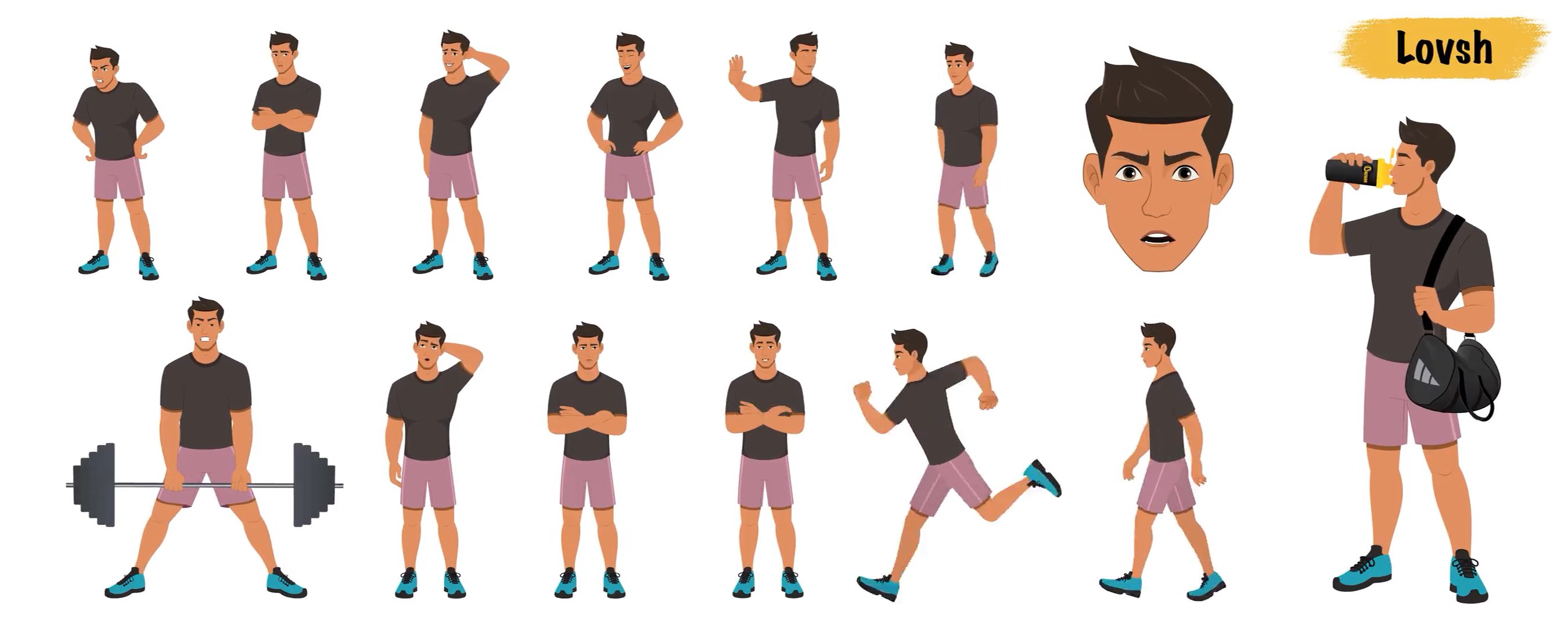 Workout man animated vector cartoon character model sheet AKA Lovsh