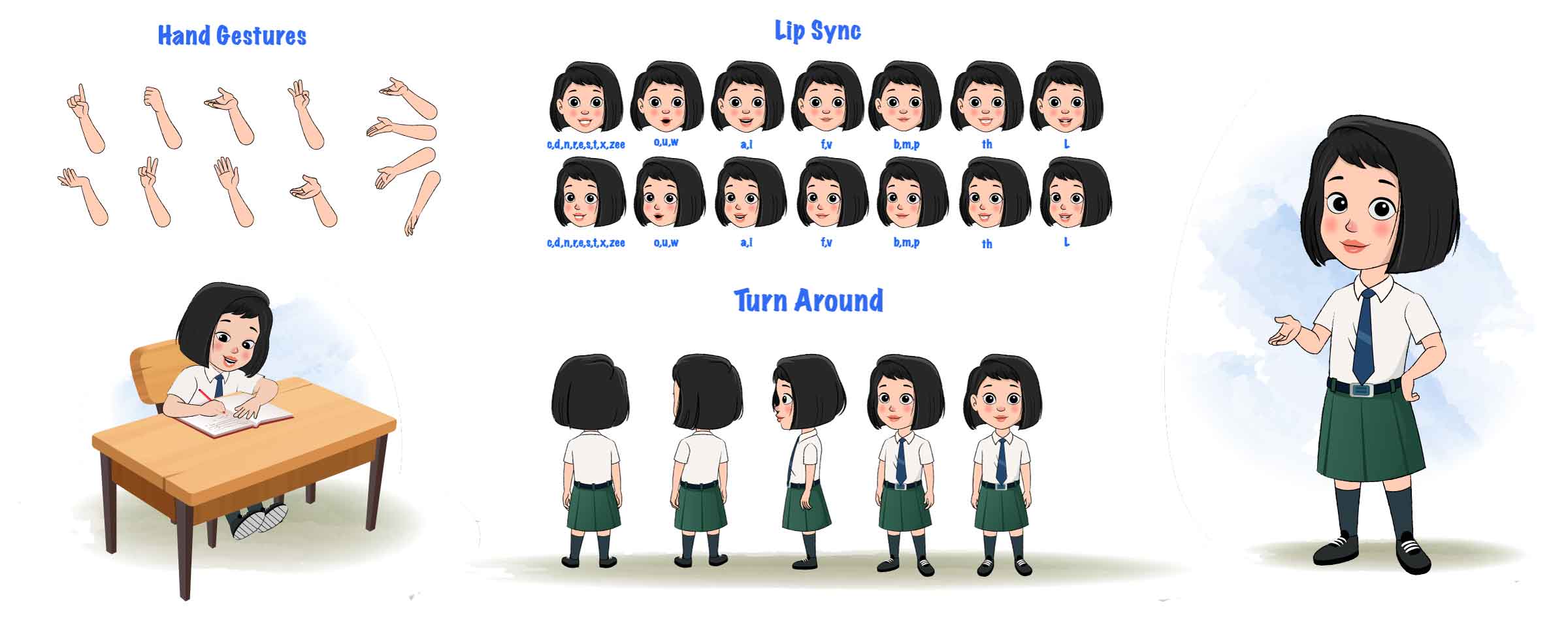 A school girl cartoon character construction/model sheet aka anaya