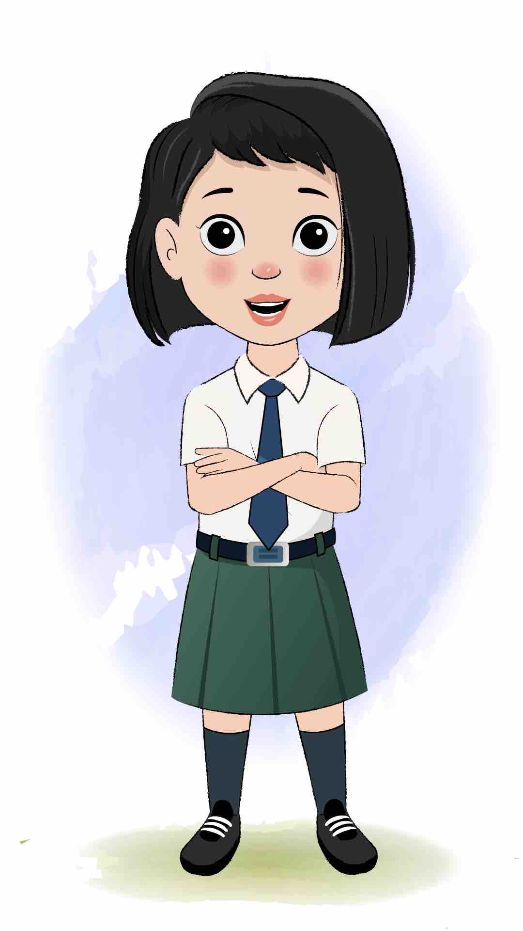 A school girl standing with cross hand and talking animated cartoon character aka anaya