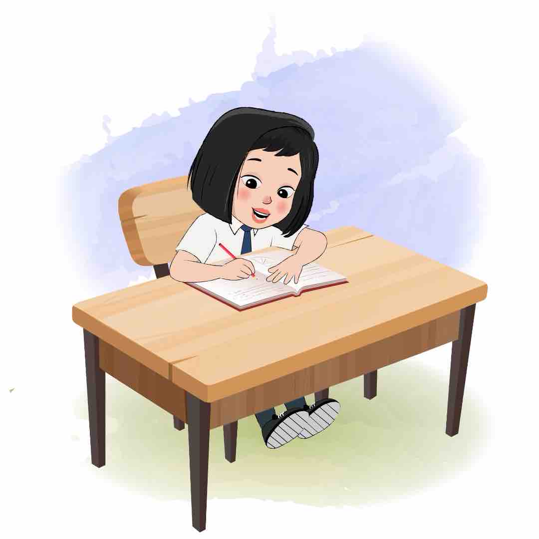 A school girl doing homework and sitting on the table animated cartoon character aka anaya