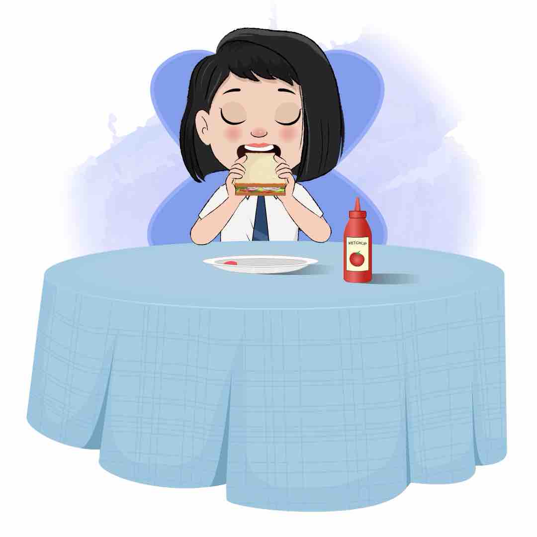 A school girl animated cartoon character sitting at a table and eating a sandwich aka anaya