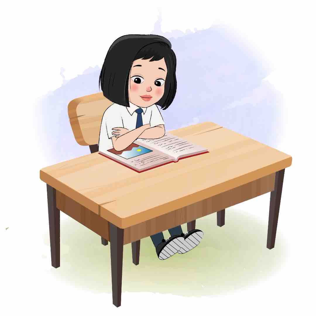 A school girl reading a book and sitting on the table animated cartoon character aka anaya