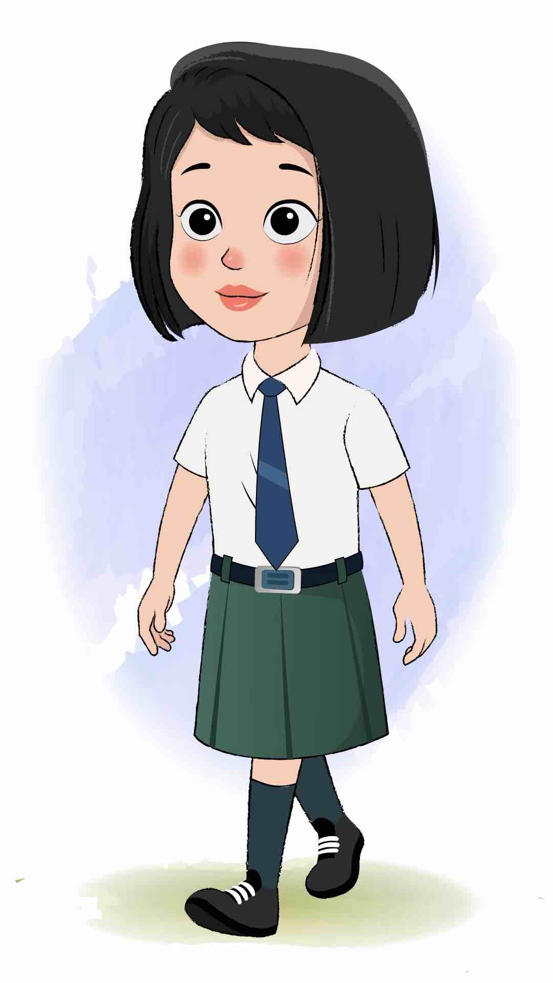 A school girl 3/4 front view/three quarter view walking animated cartoon character aka anaya