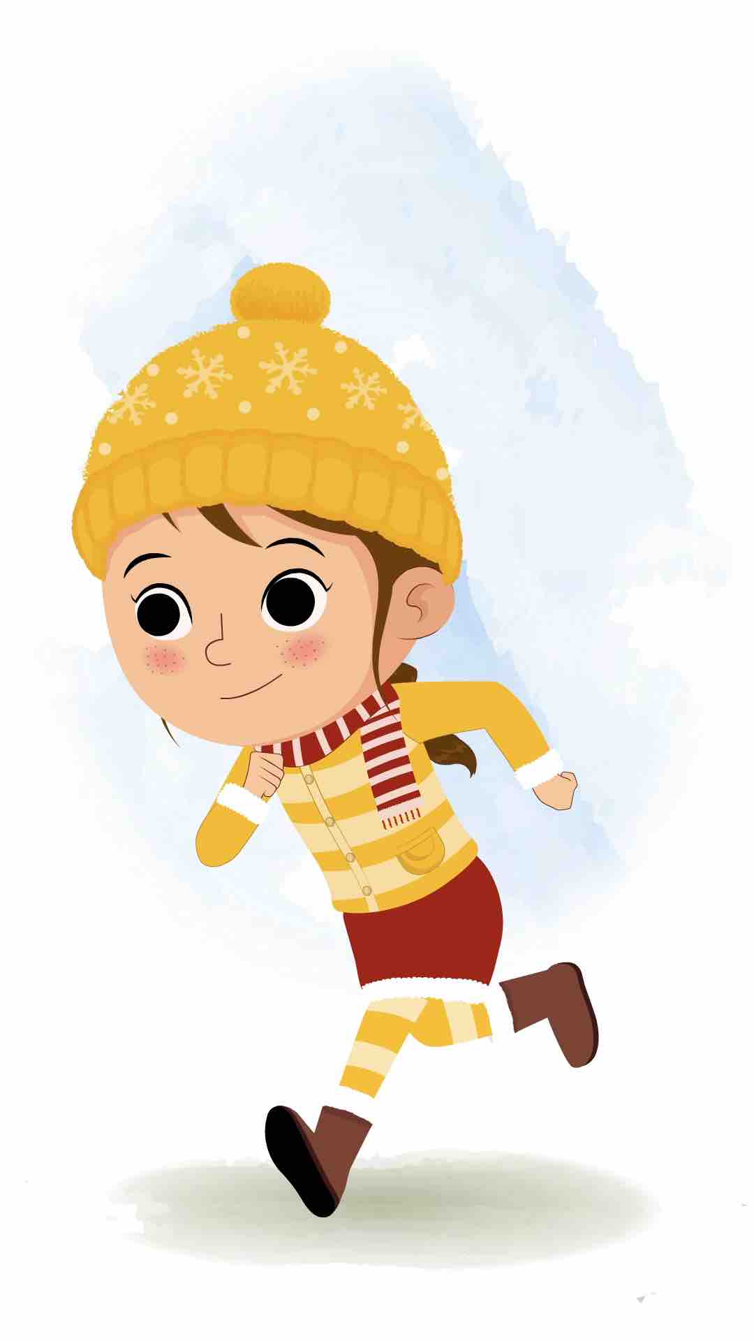 A cute girl in winter clothes running three quarter view animated cartoon character aka nancy