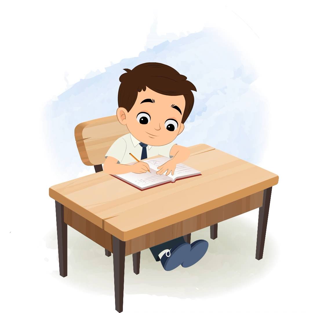 A little school boy doing homework and sitting on the table animated cartoon character aka bittu