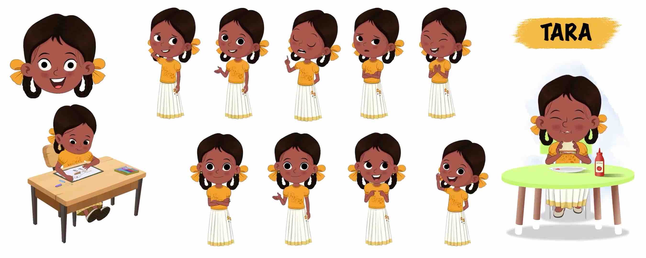 Cute Indian little girl animated vector cartoon character model sheet AKA Tara