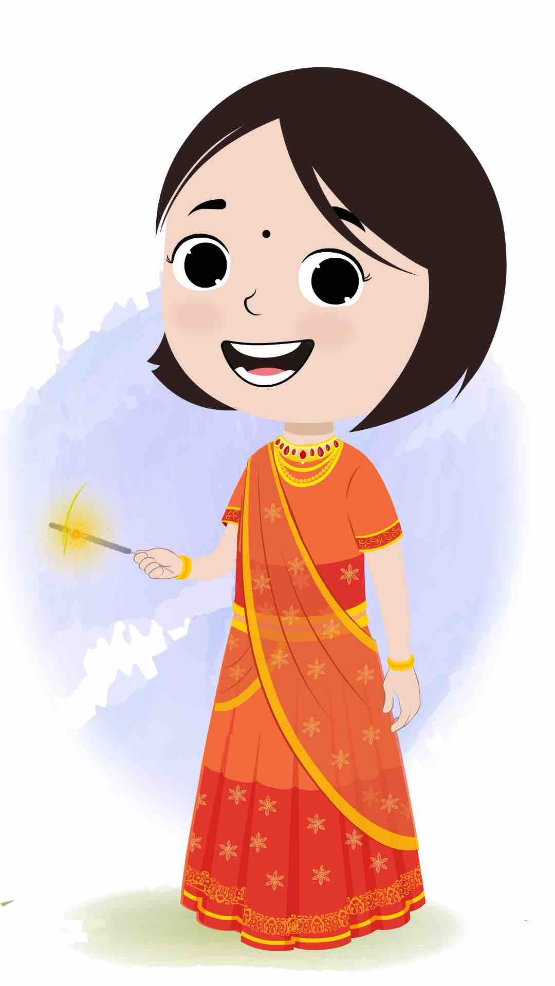 An Indian girl celebrating diwali festival with sparkle animated cartoon character aka tia