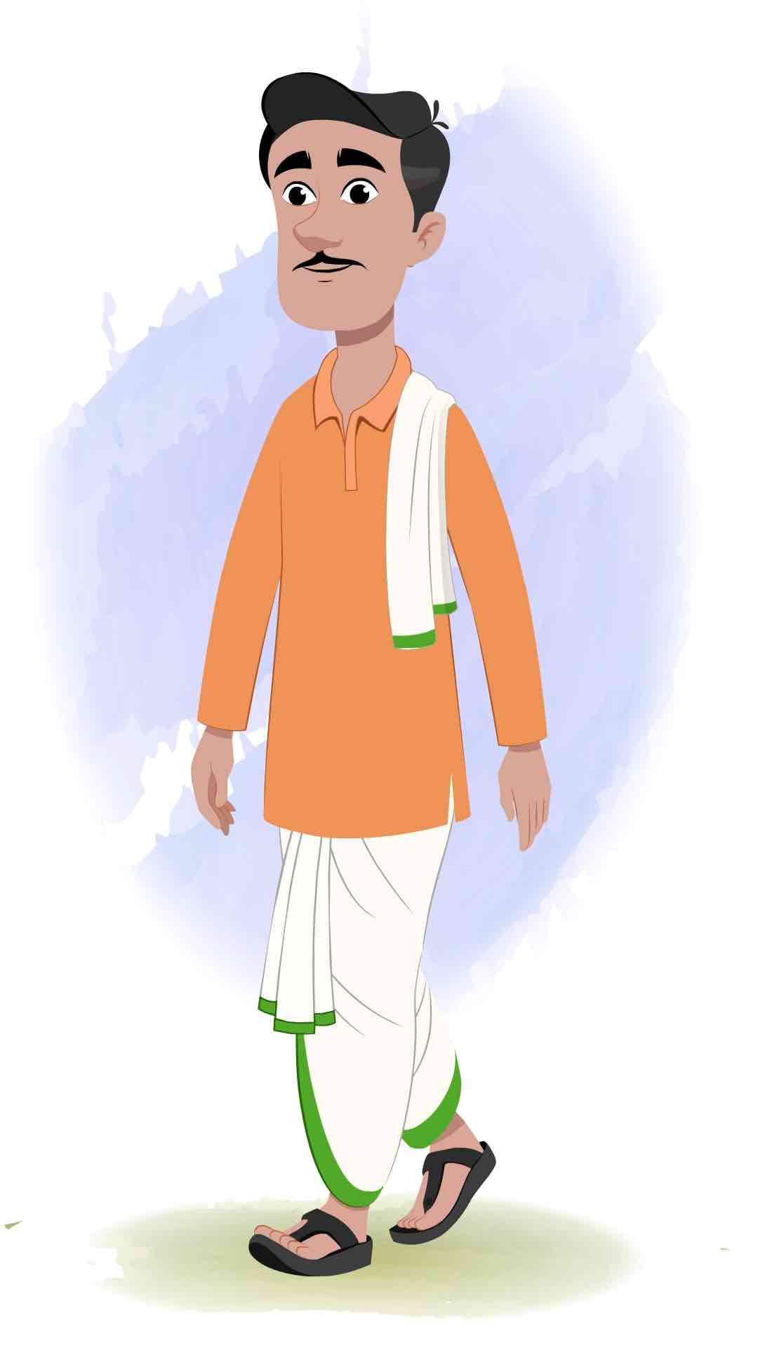 An Indian farmer 3/4 front view/three quarter view walking animated cartoon character AKA Ram Chandra