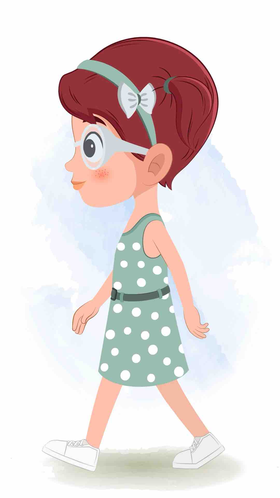 A cute little girl walking side view animated cartoon character aka naina