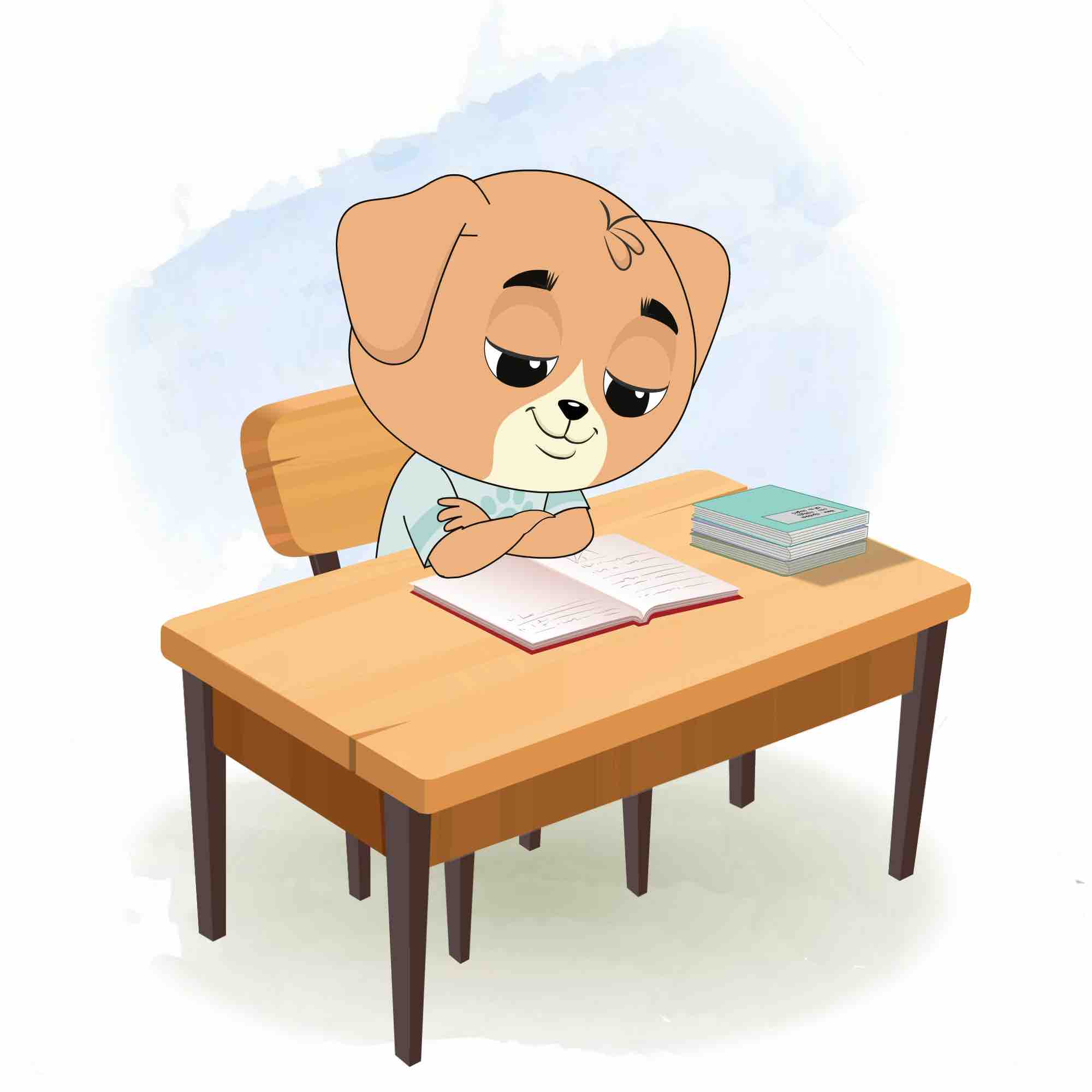 A dog reading a book and sitting on the table animated cartoon character aka drag the dog