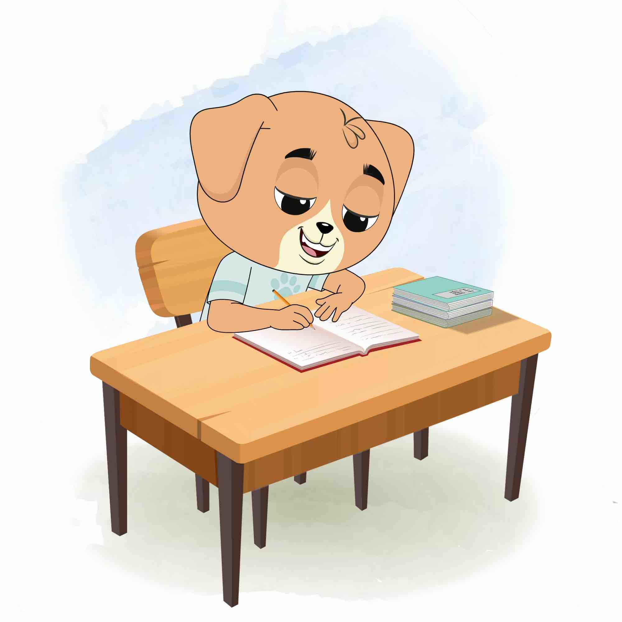 A dog doing homework and sitting on the table animated cartoon character aka drag the dog