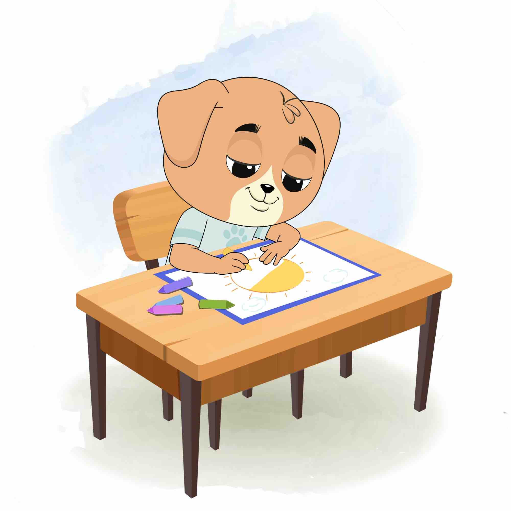 A dog is sitting at a table with some crayons and colouring on the paper aka drag the dog