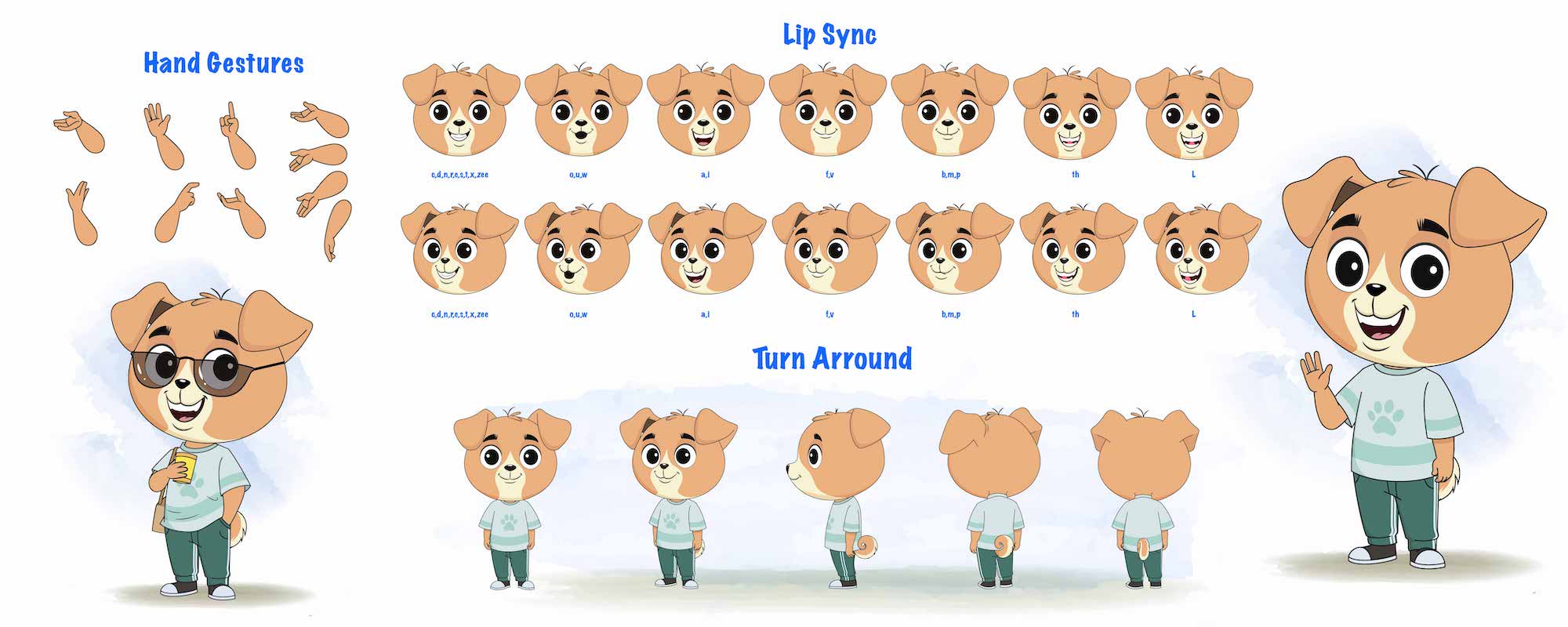 A dog cartoon character construction/model sheet aka drag the dog