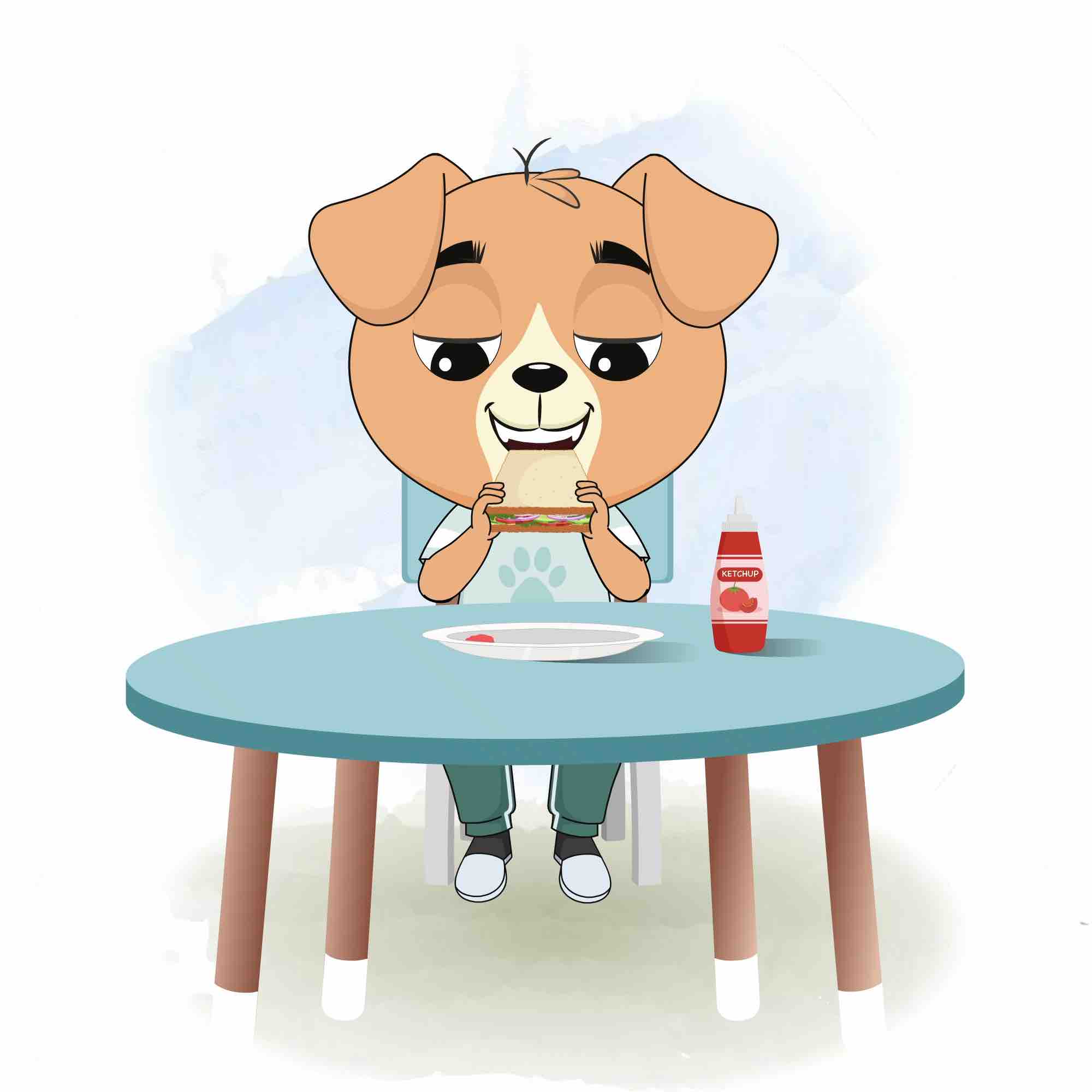 A dog animated cartoon character sitting at a table and eating a sandwich aka drag the dog