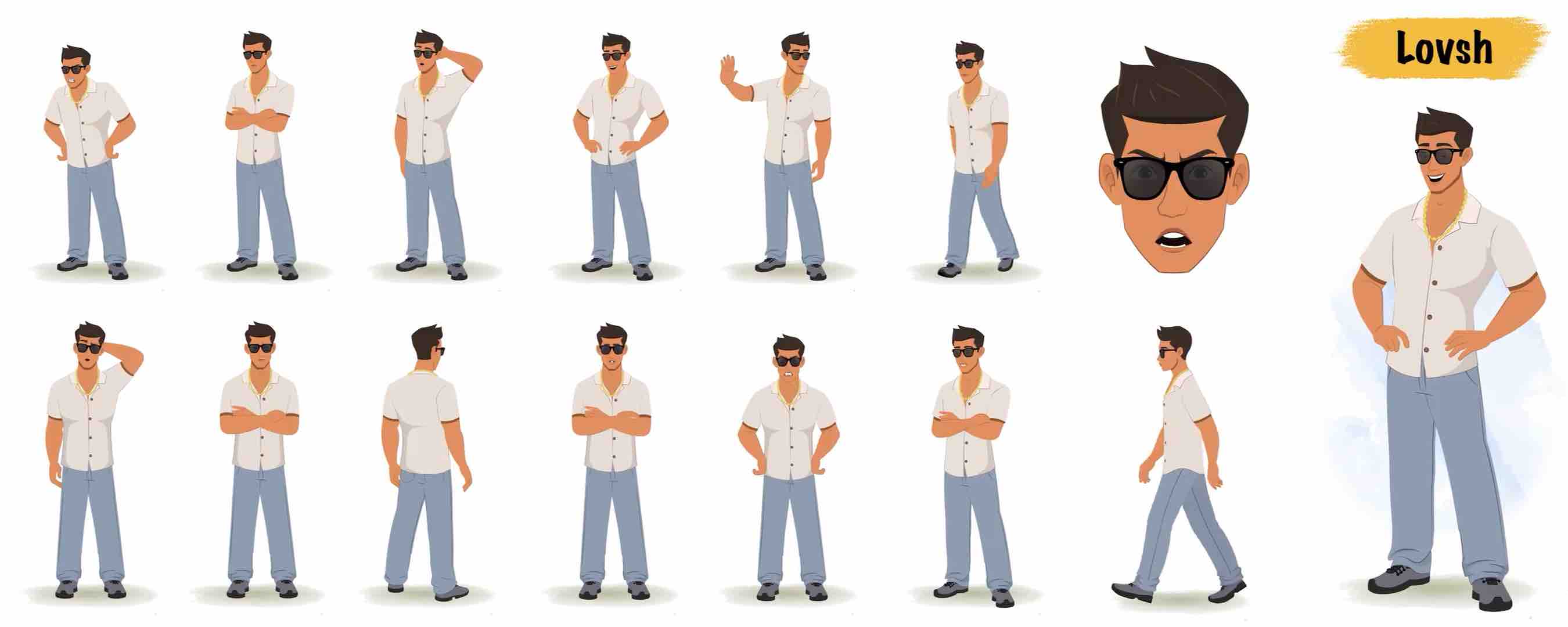 Young handsome man animated vector cartoon character model sheet AKA Lovsh