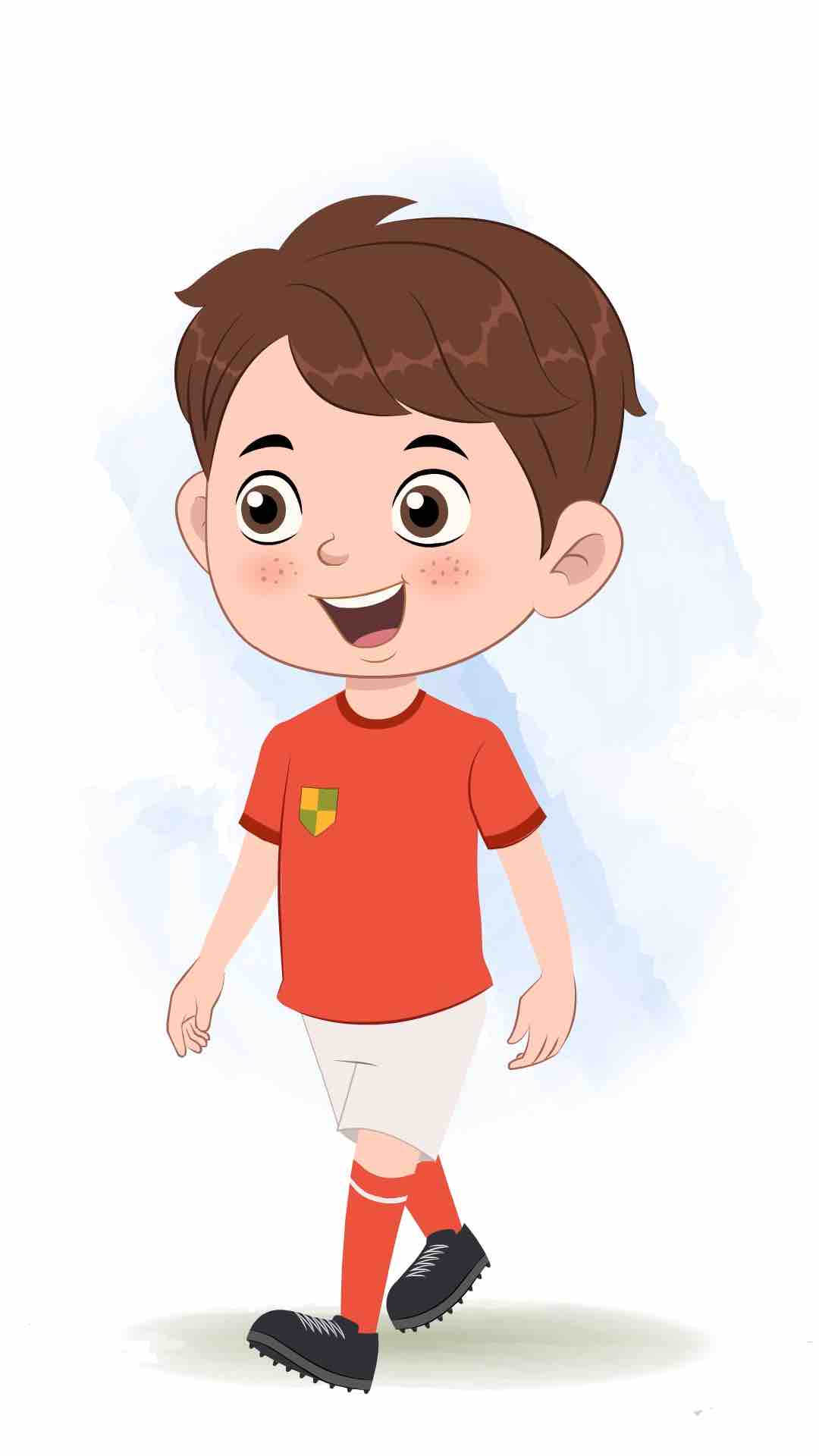 A cute sport boy 3/4 front view/three quarter view walking animated cartoon character aka sai