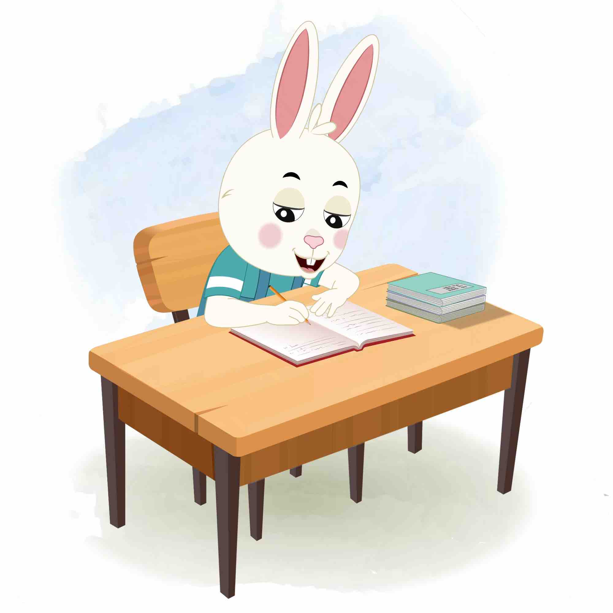 A rabbit doing homework and sitting on the table animated cartoon character aka bunny the rabbit