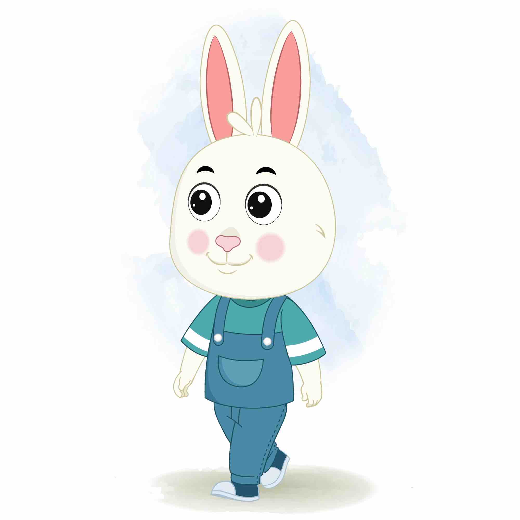 A rabbit 3/4 front view/three quarter vny the rabbit,view walking animated cartoon character aka bunny the rabbit