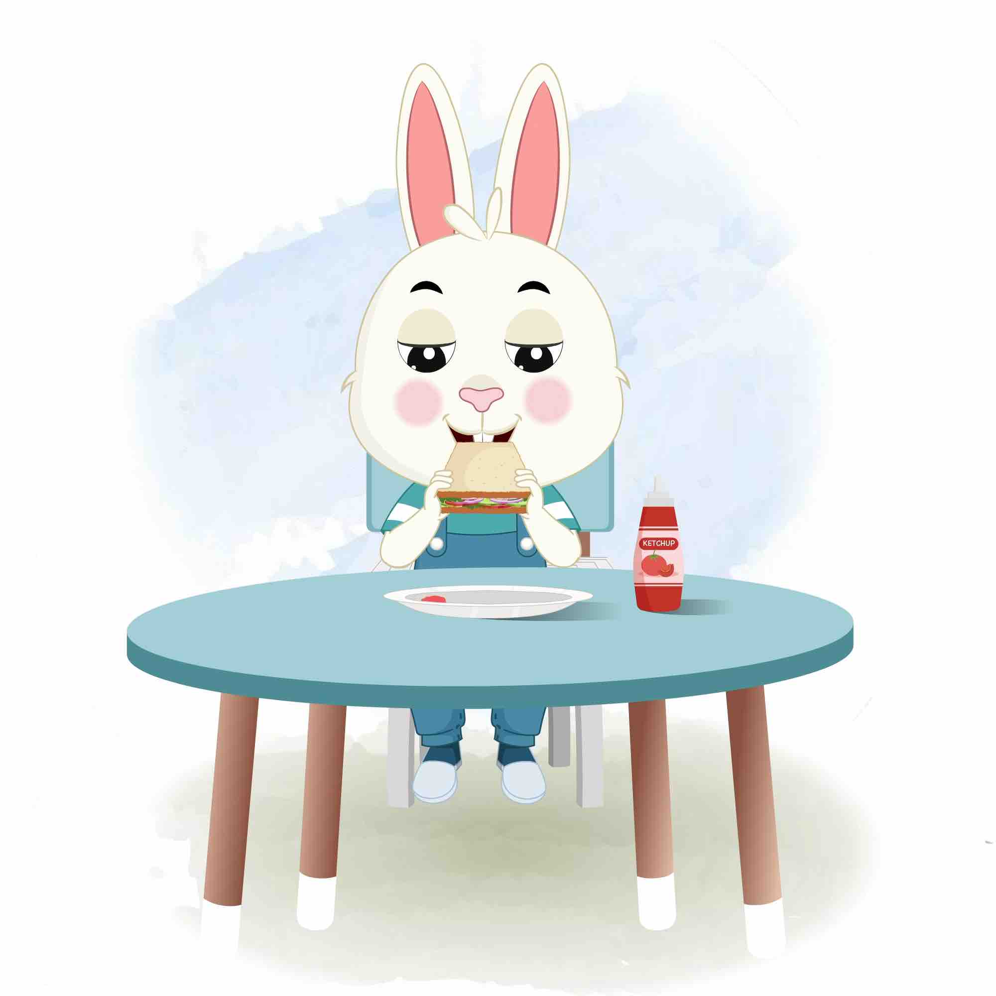 A rabbit animated cartoon character sitting at a table and eating a sandwich aka bunny the rabbit