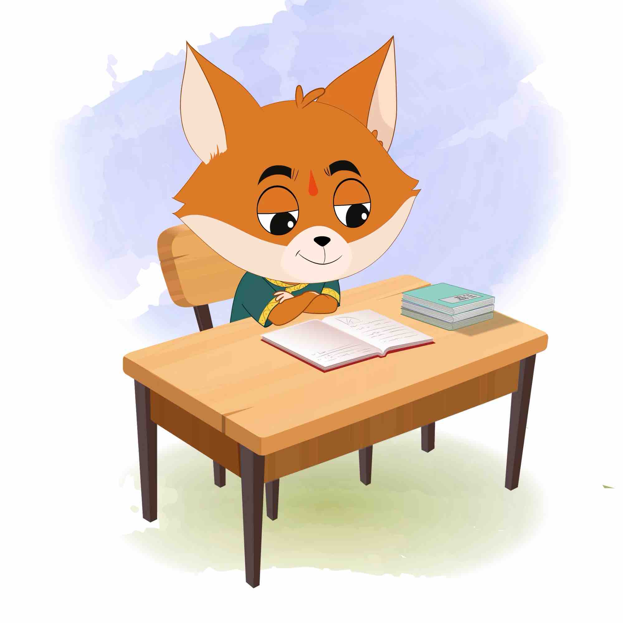 A little dog reading a book and sitting on the table animated cartoon character aka dodo the dog