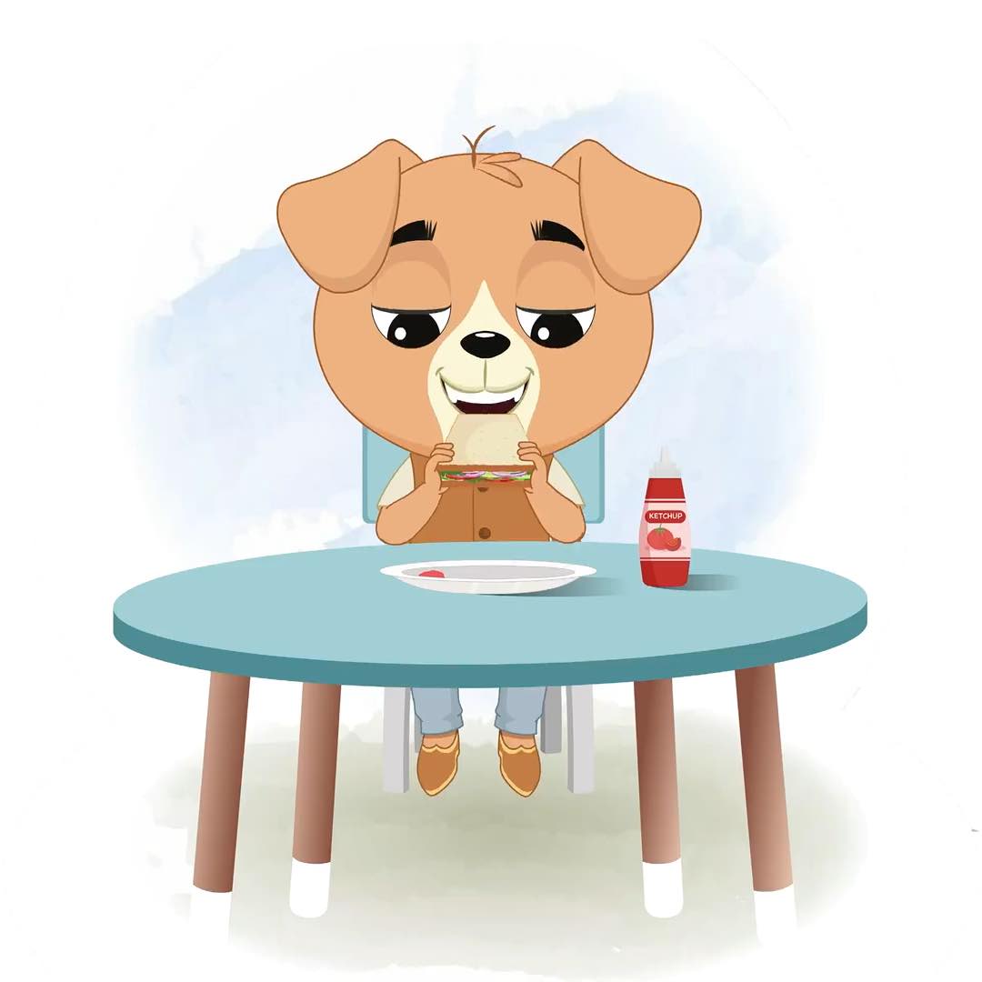 A cute little dog animated cartoon character sitting at a table and eating a sandwich aka tara the dog