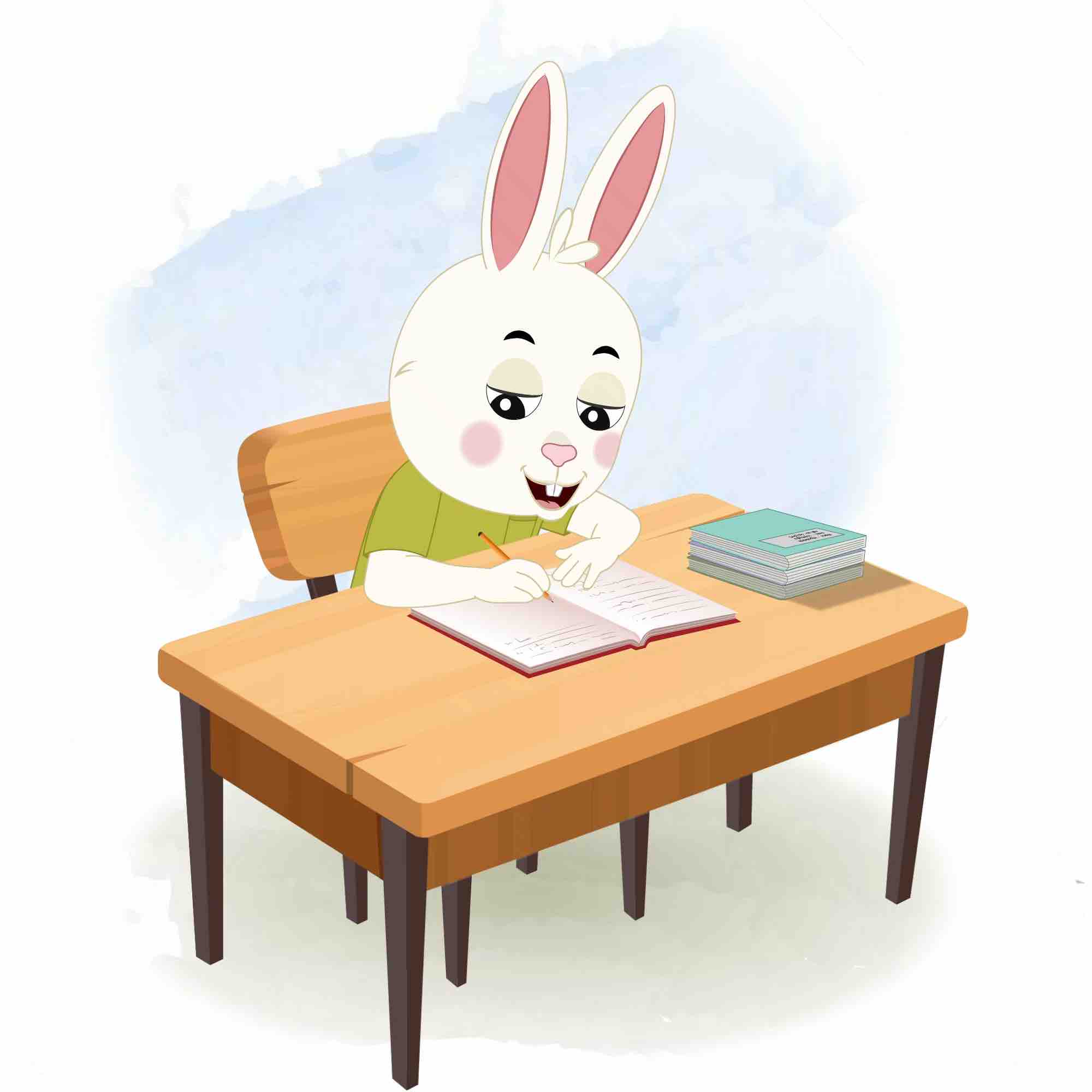 A rabbit doing homework and sitting on the table animated cartoon character aka heera the rabbit