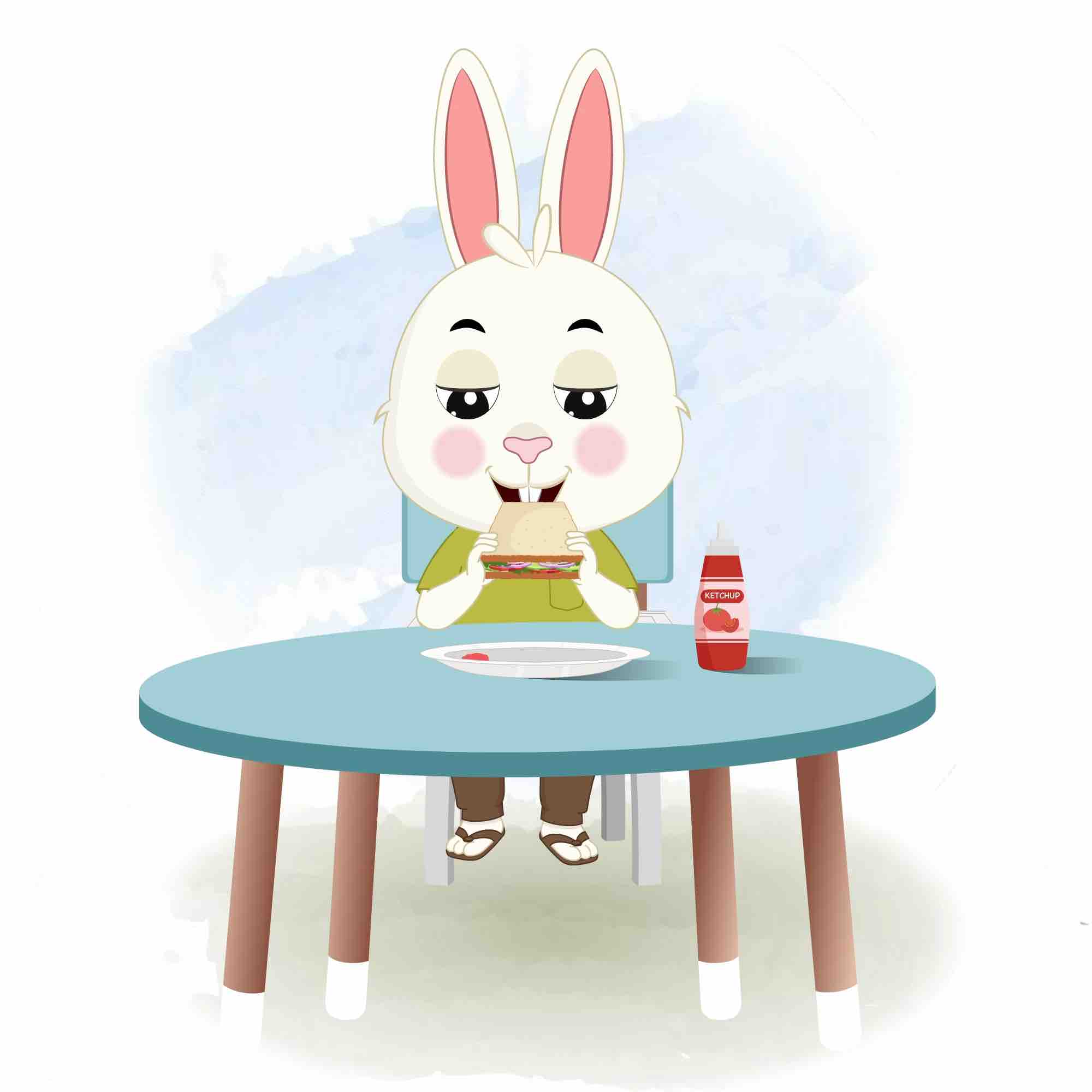 A rabbit animated cartoon character sitting at a table and eating a sandwich aka heera the rabbit