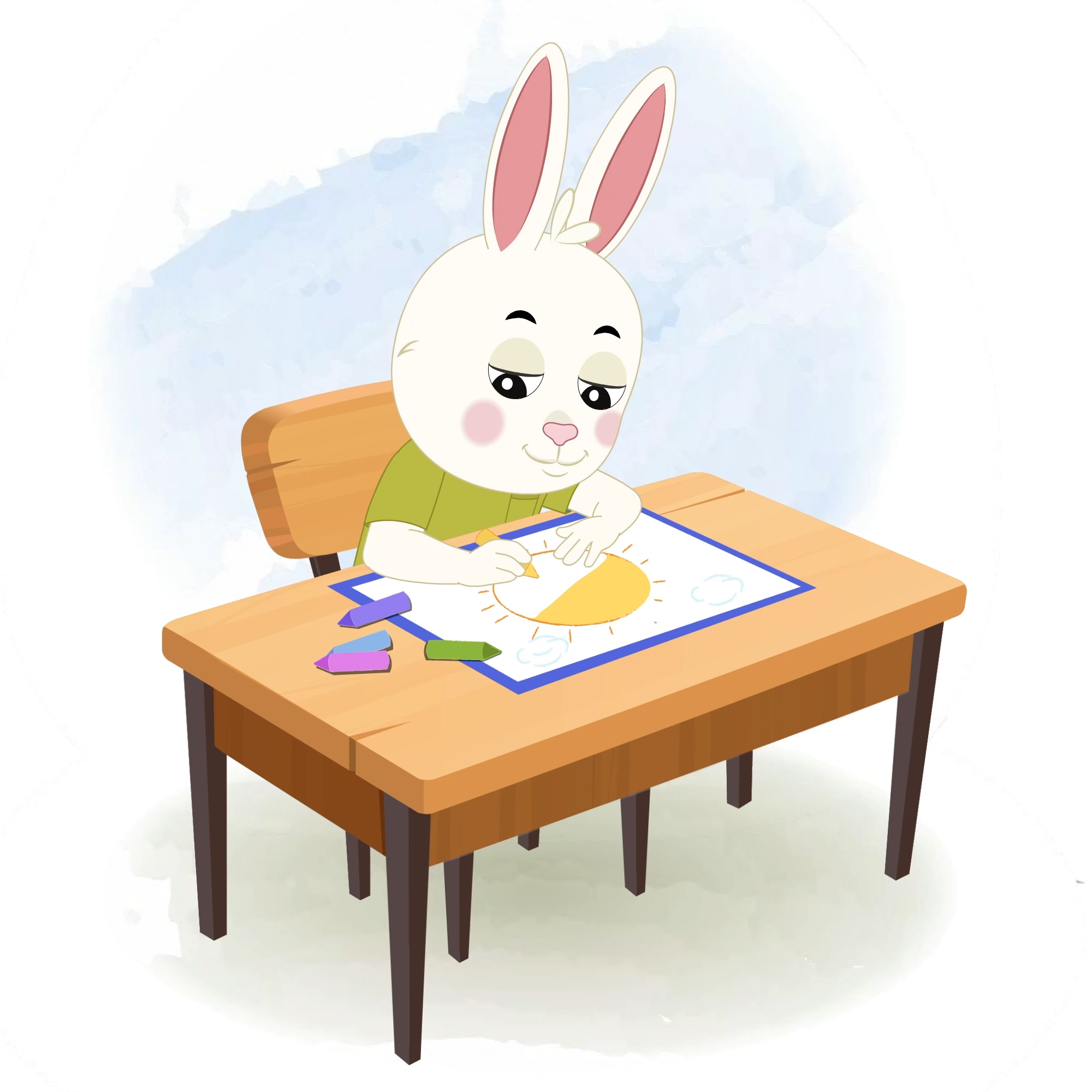 A rabbit is sitting at a table with some crayons and colouring on the paper aka heera the rabbit