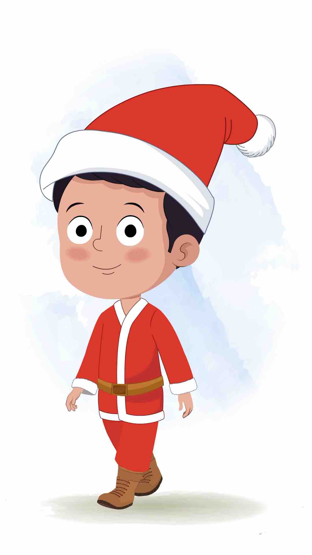 A christmas boy 3/4 front view/three quarter view walking animated cartoon character aka tim