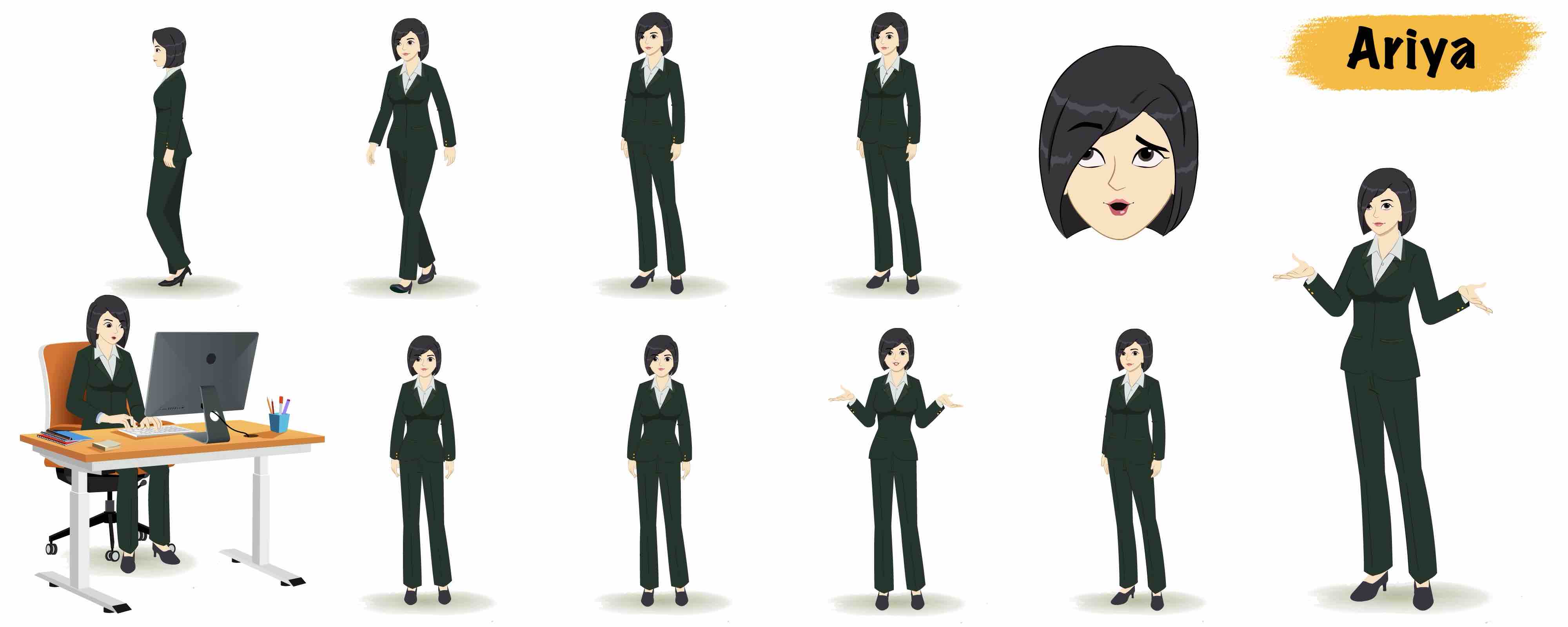 Business woman animated vector cartoon character model sheet AKA Ariya