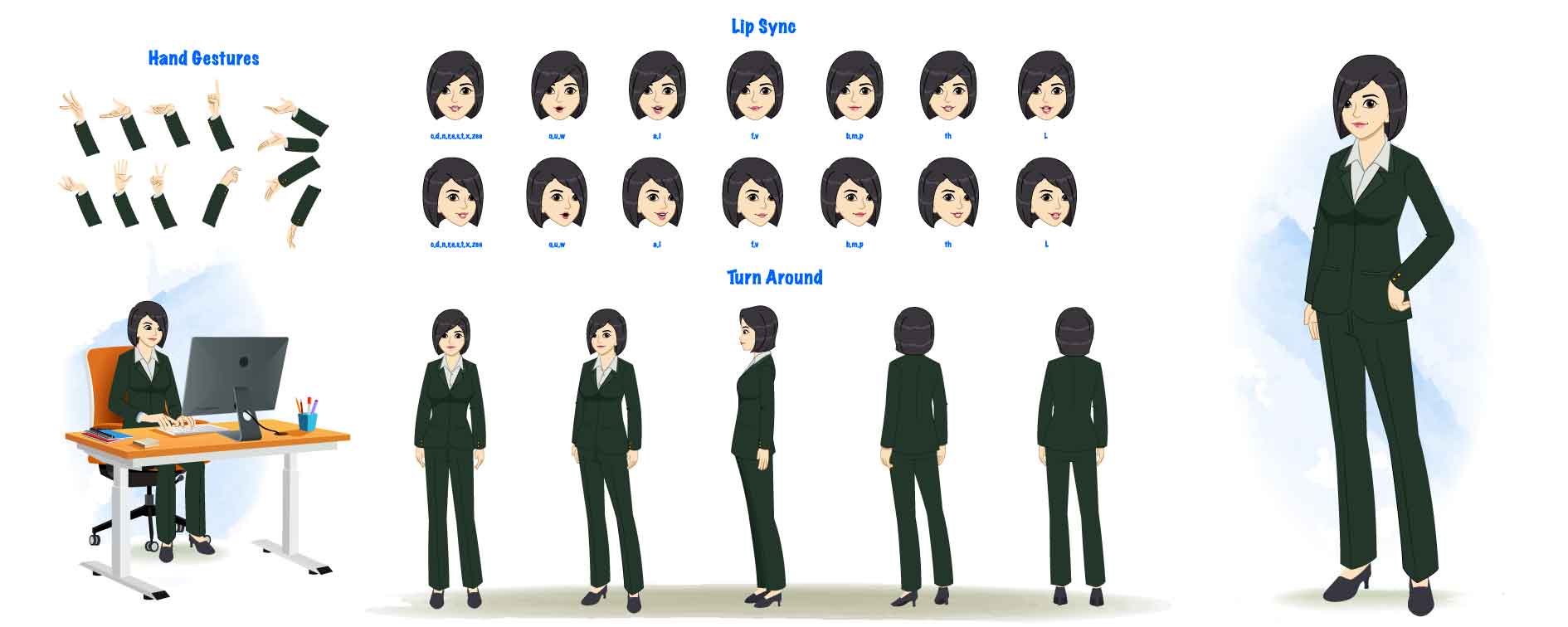 A business woman cartoon character construction/model sheet aka ariya