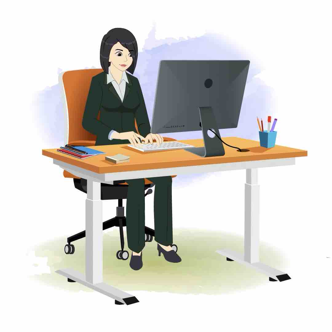 A business woman animated cartoon character working on a computer aka ariya