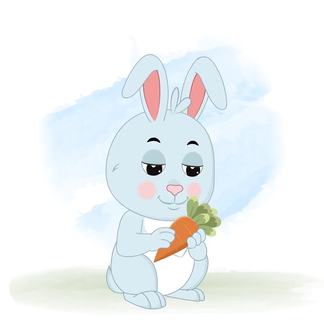 A cute little rabbit eating carrot while sitting on floor animated cartoon character aka drax the rabbit