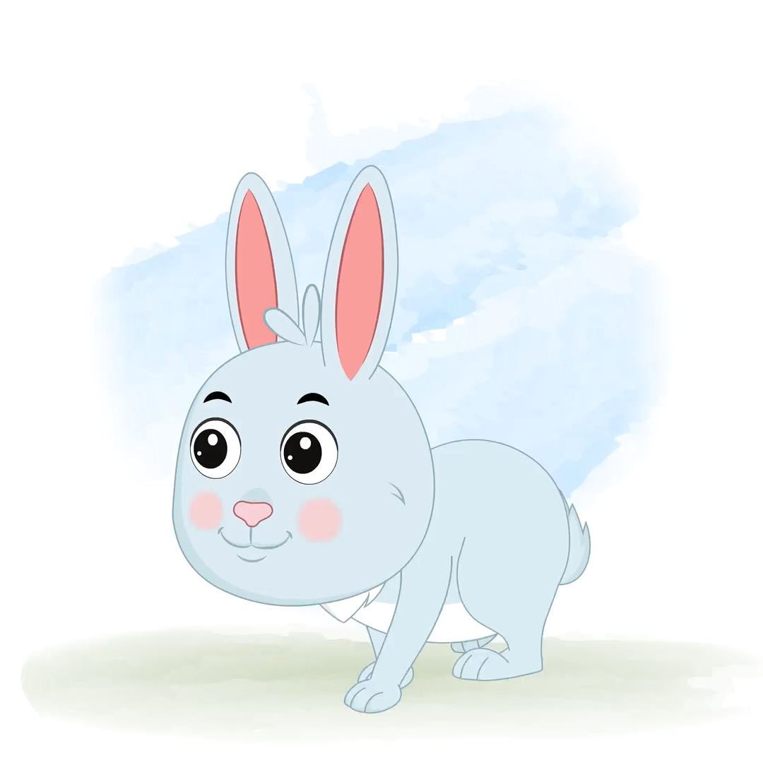 A cute rabbit 3/4 front view/three quarter view walking animated cartoon character aka drax the rabbit