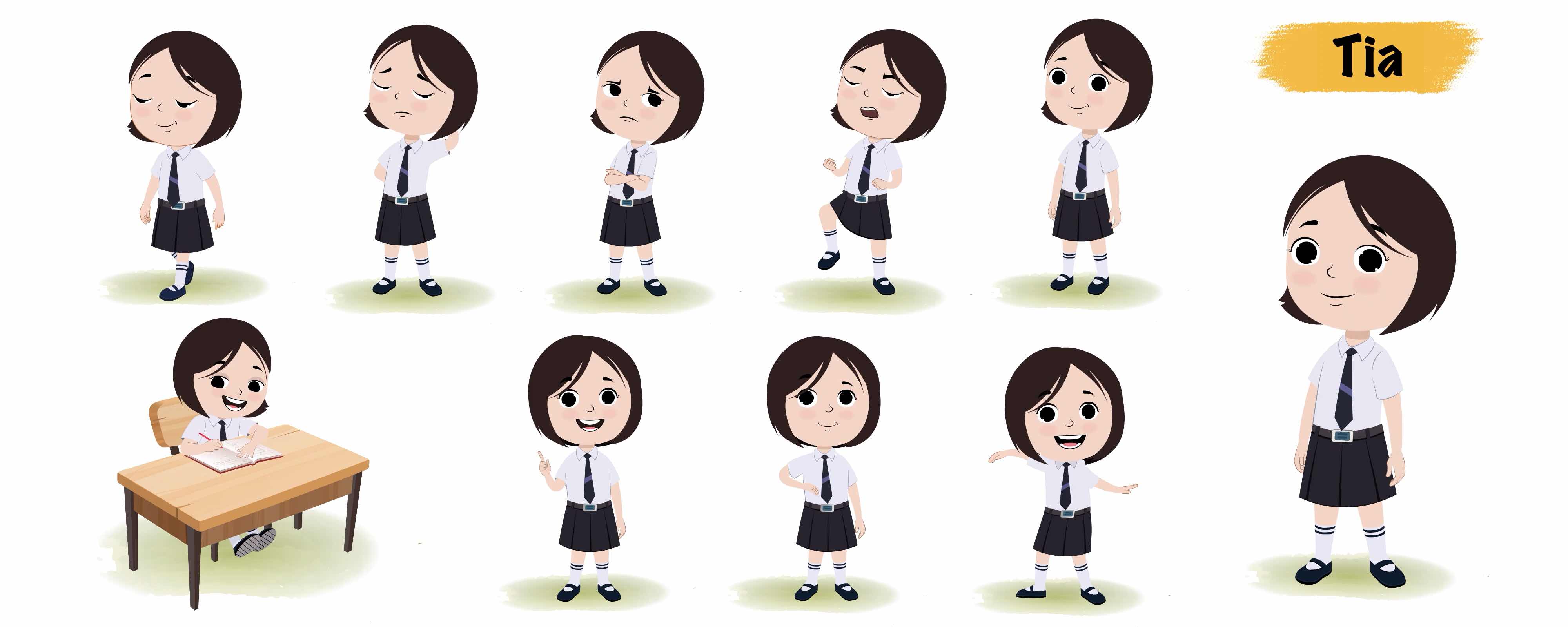 Cute little school girl animated vector cartoon character model sheet AKA Tia