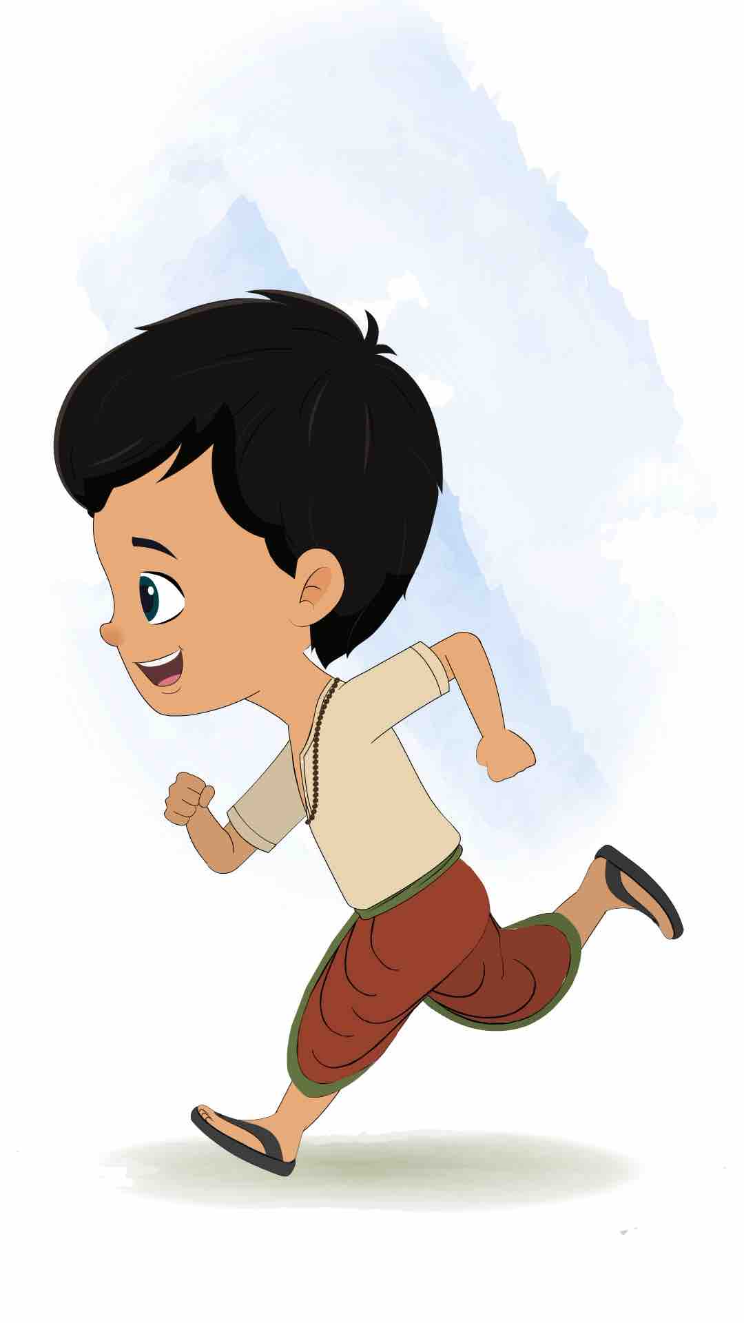 A boy in dhoti running fast side view animated cartoon character aka rohan