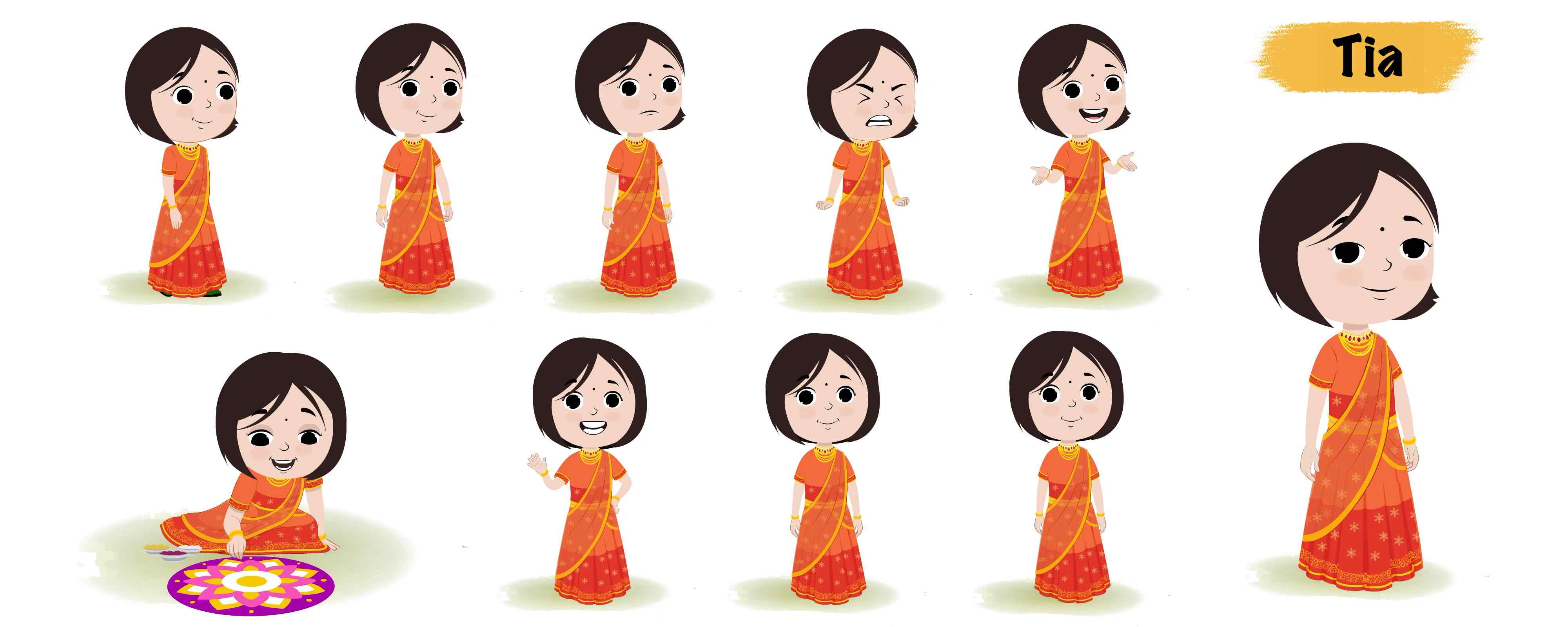 Cute little Indian girl animated vector cartoon character model sheet AKA Tia