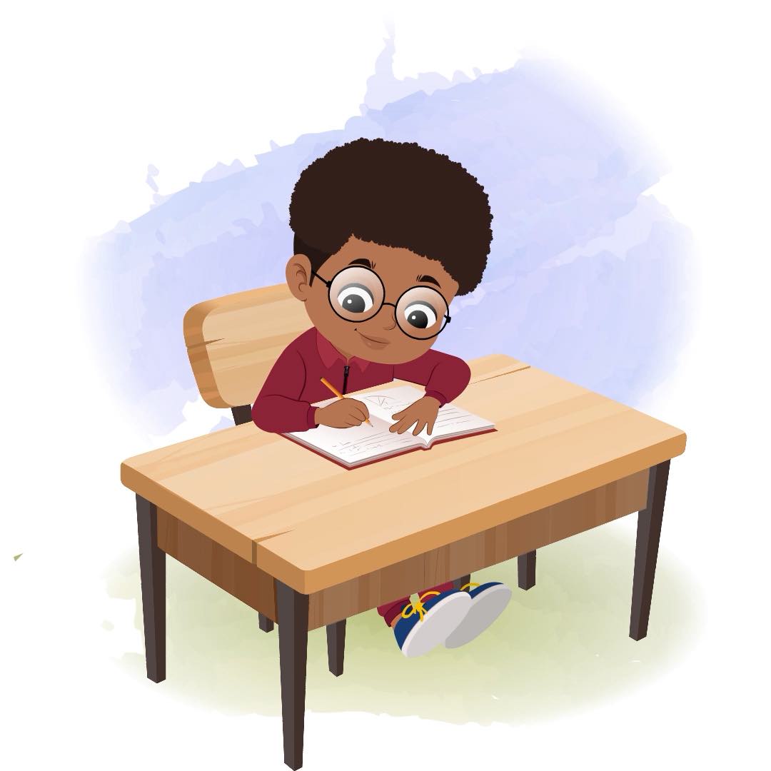 A cute black boy doing homework and sitting on the table animated cartoon character aka advik