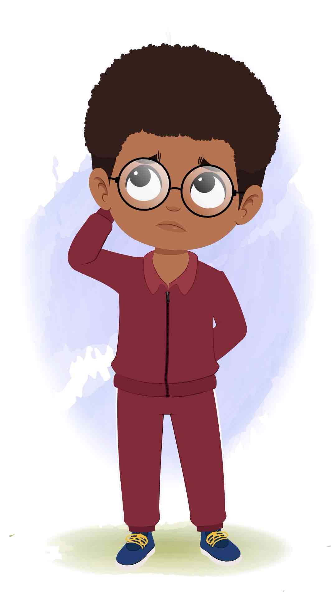 A confused cute black boy animated cartoon character aka advik