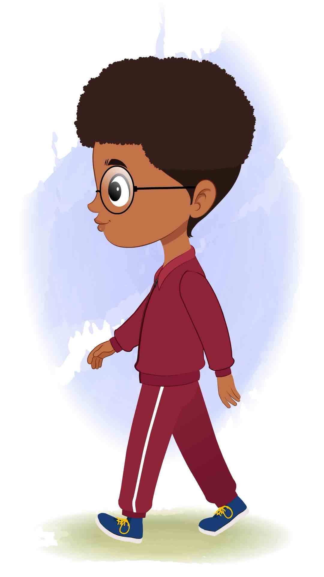 A cute black boy walking side view animated cartoon character aka advik