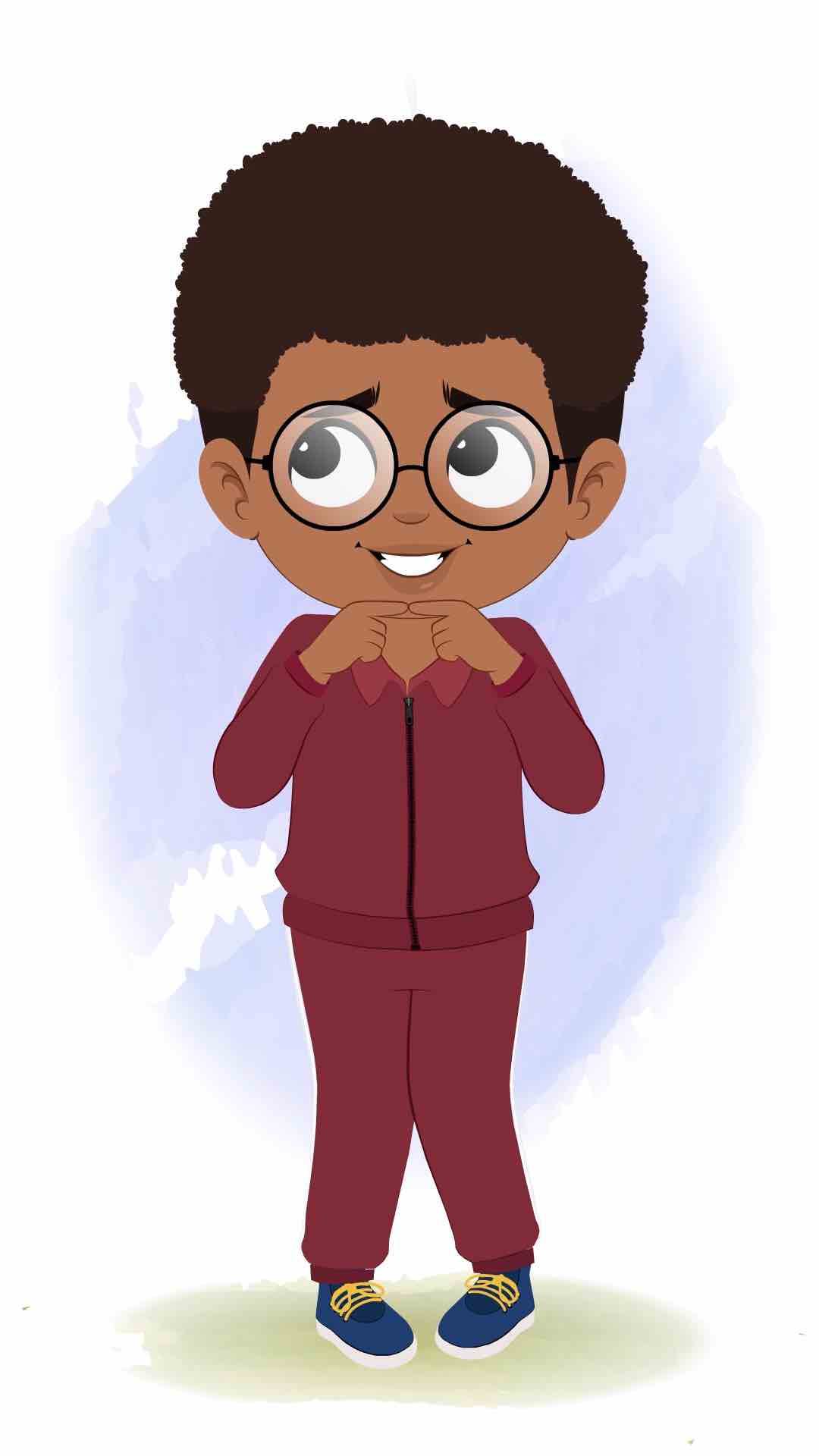 A nervous cute black boy animated cartoon character aka advik