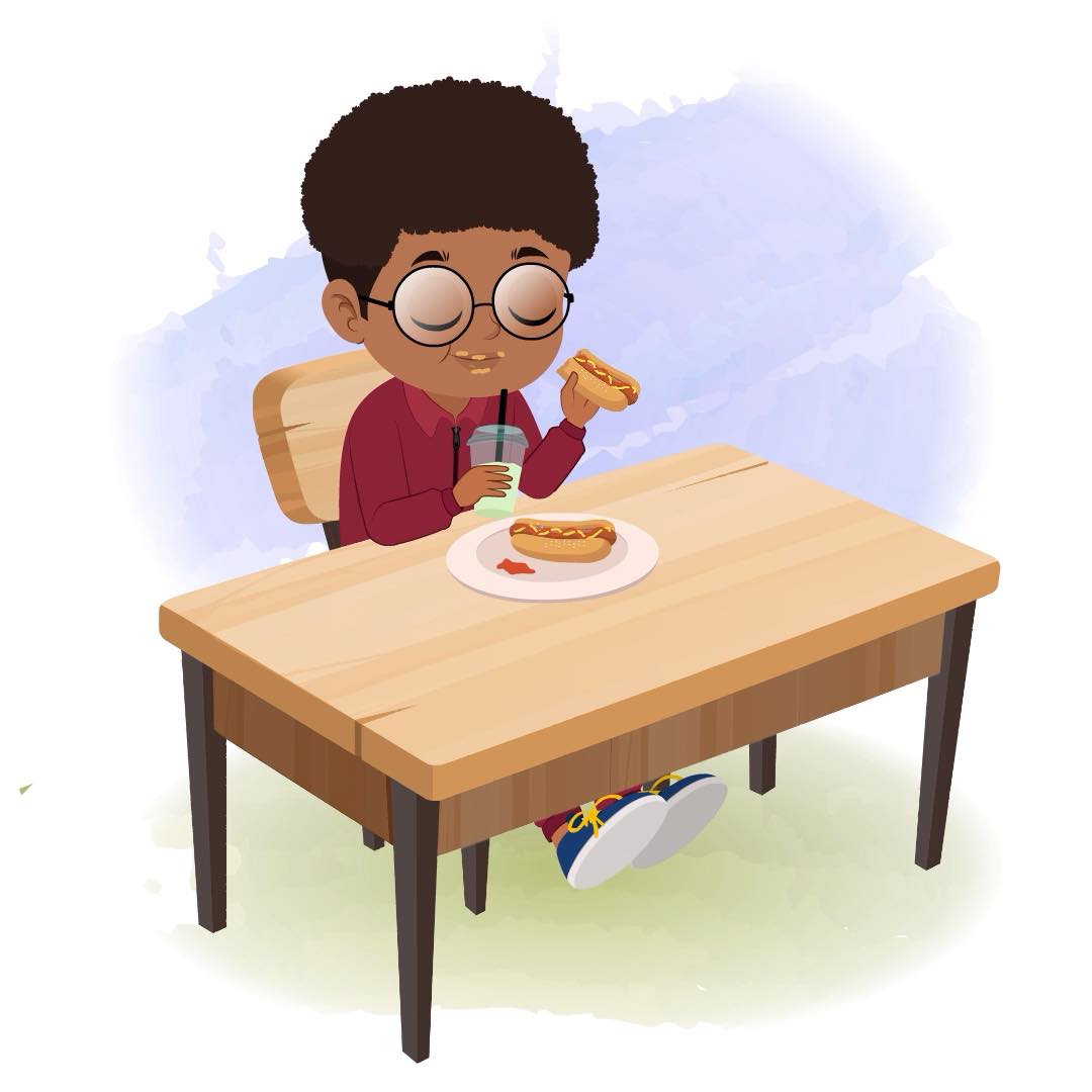 A cute black boy animated cartoon character sitting at a table and eating a hot dog aka advik