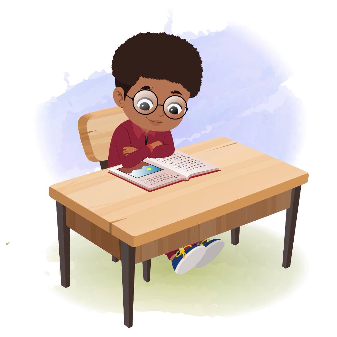 A cute black boy reading a book and sitting on the table animated cartoon character aka advik