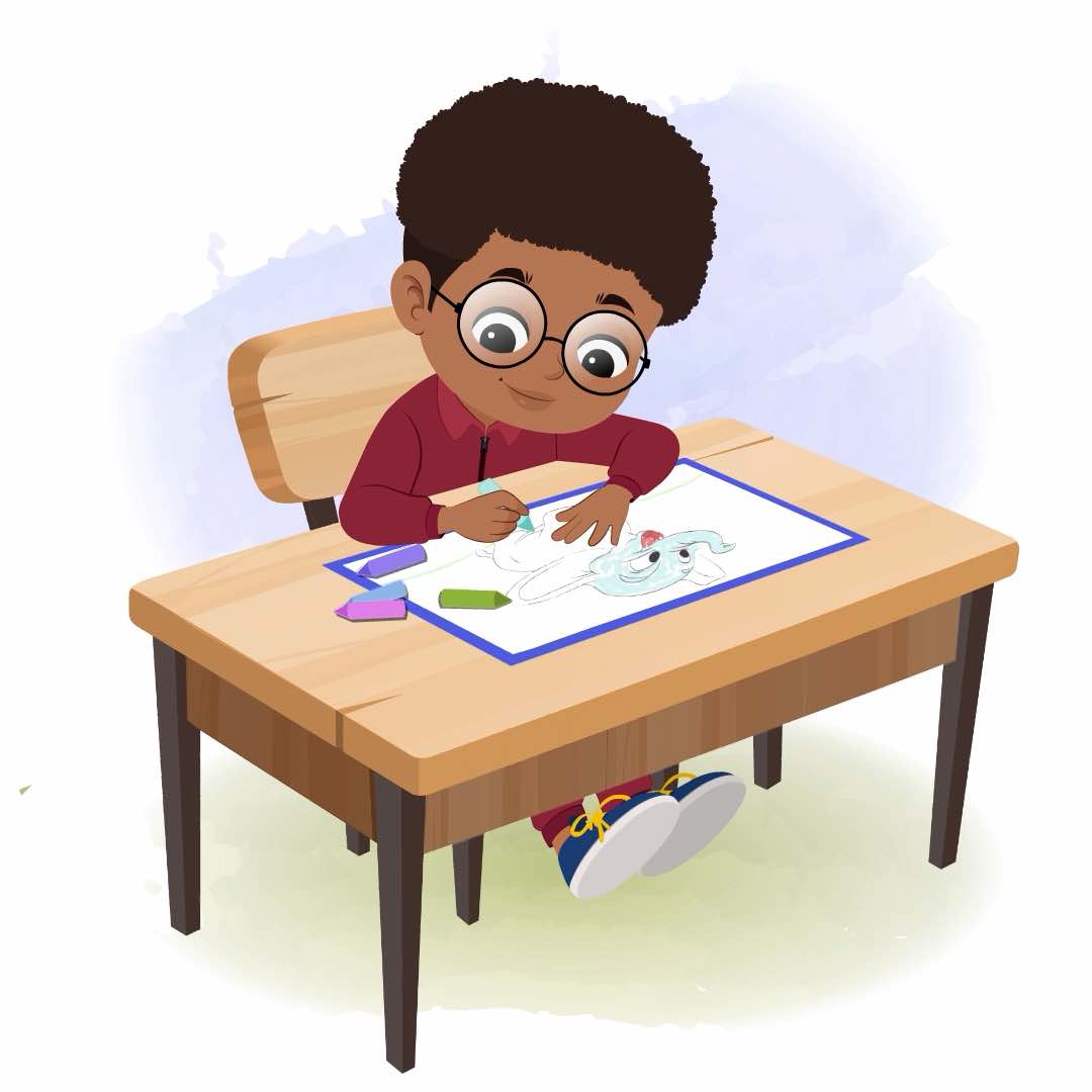 A cute black boy is sitting at a table with some crayons and colouring on the paper aka advik