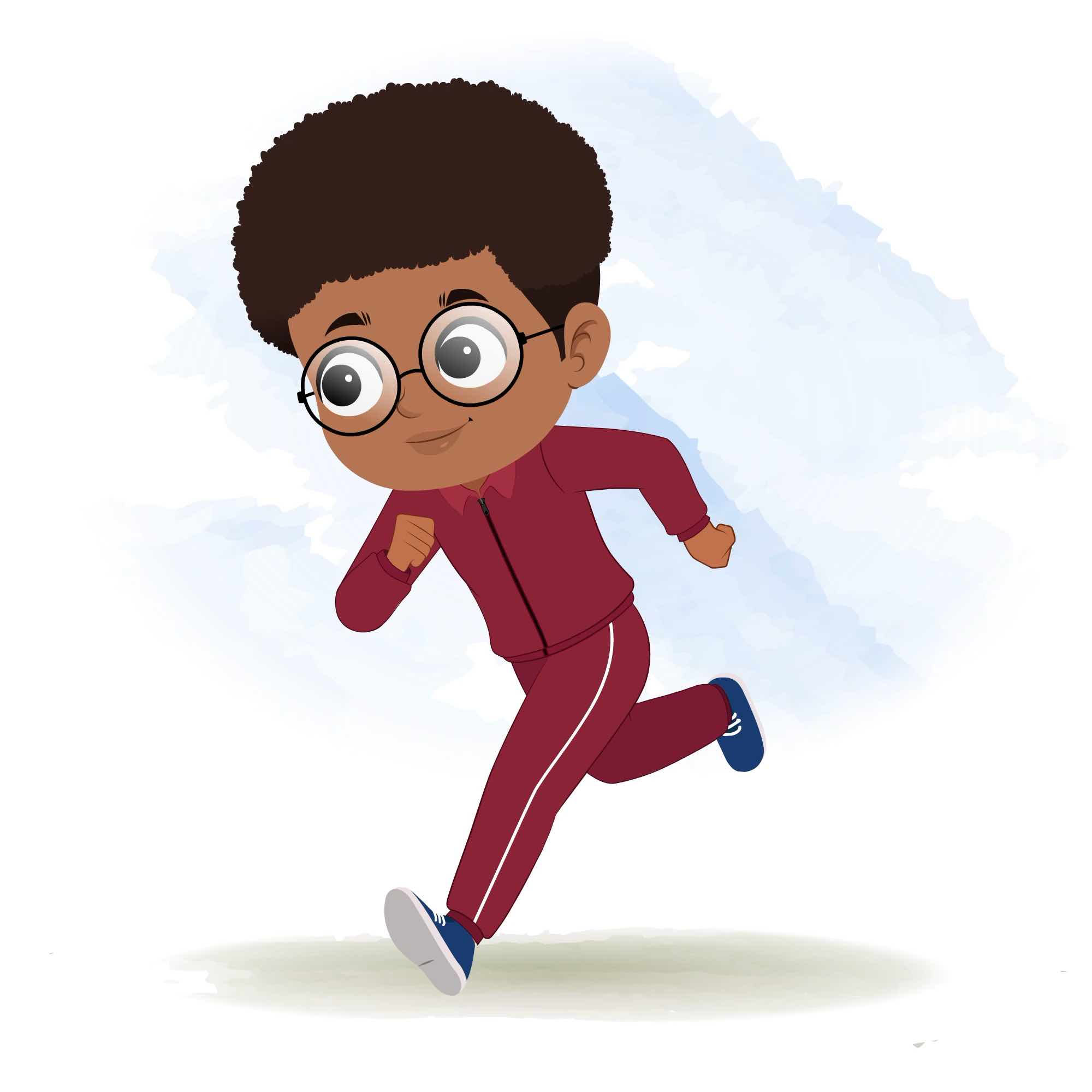 A cute black boy running three quarter view animated cartoon character aka advik