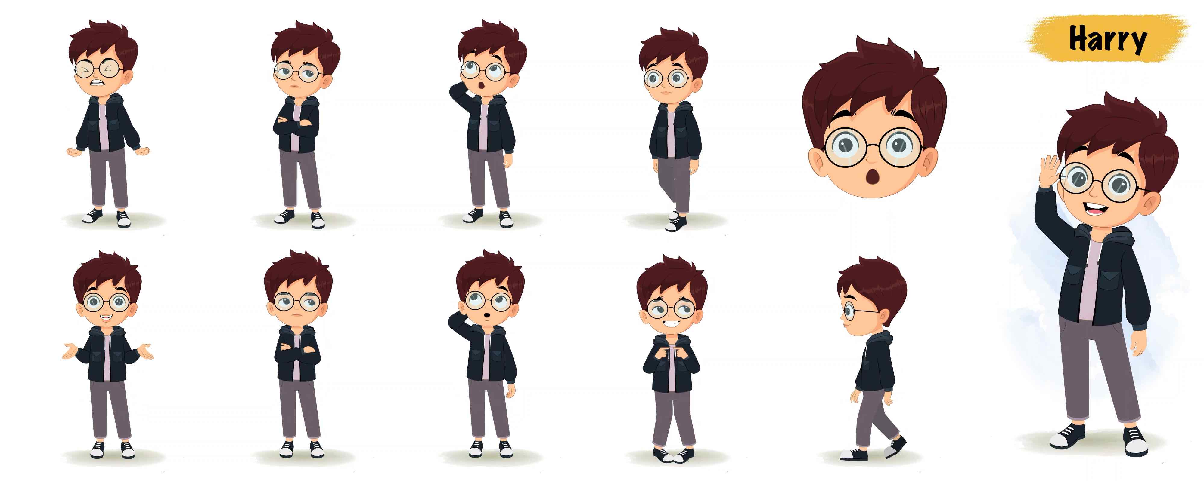 Little boy with glasses animated vector cartoon character model sheet AKA Harry