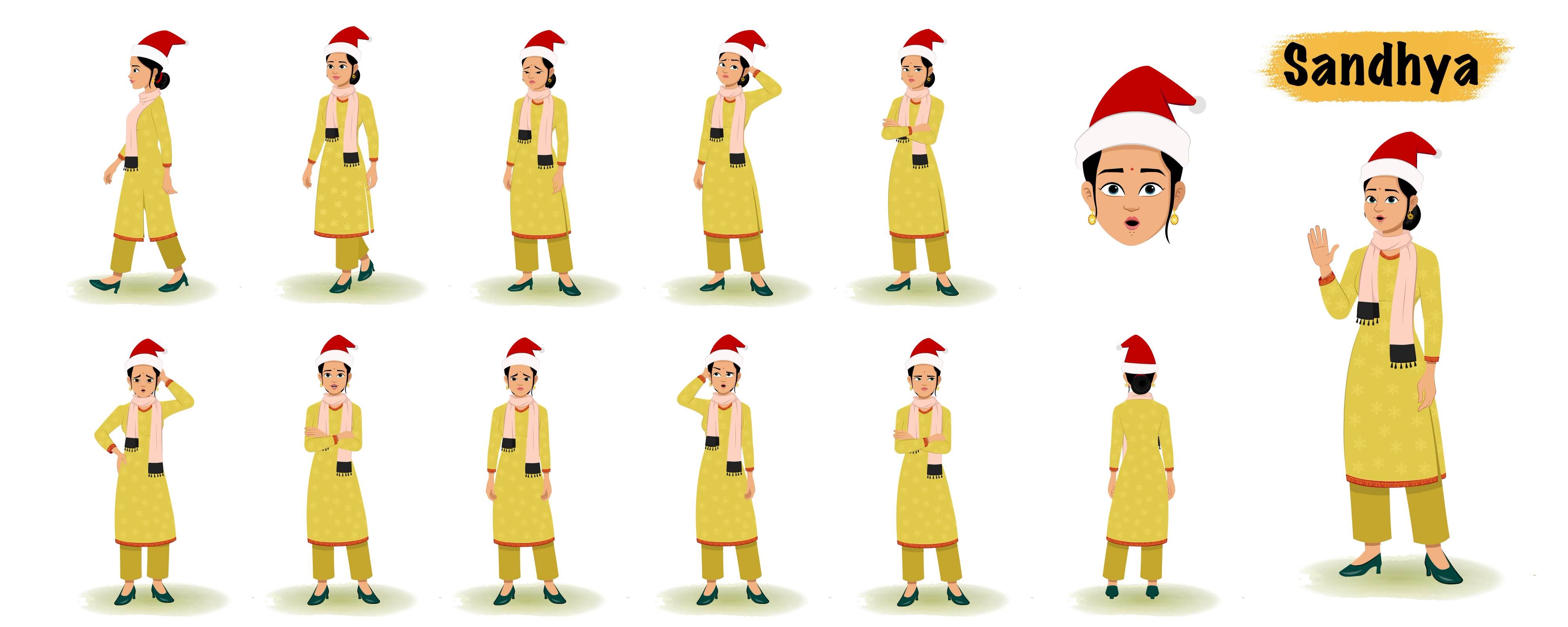 Beautiful Indian christmas woman animated vector cartoon character model sheet AKA Sandhya