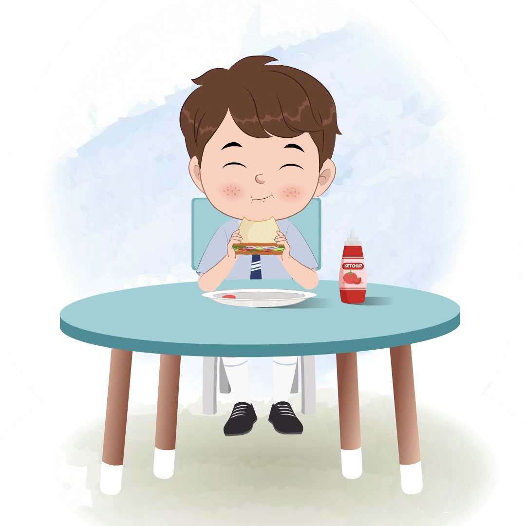 A cute little school boy animated cartoon character sitting at a table and eating a sandwich aka patrick