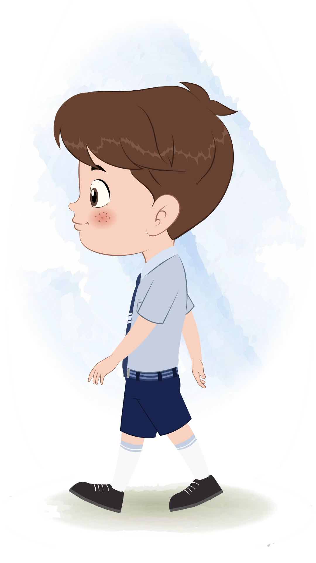 A cute little school boy walking side view animated cartoon character aka patrick